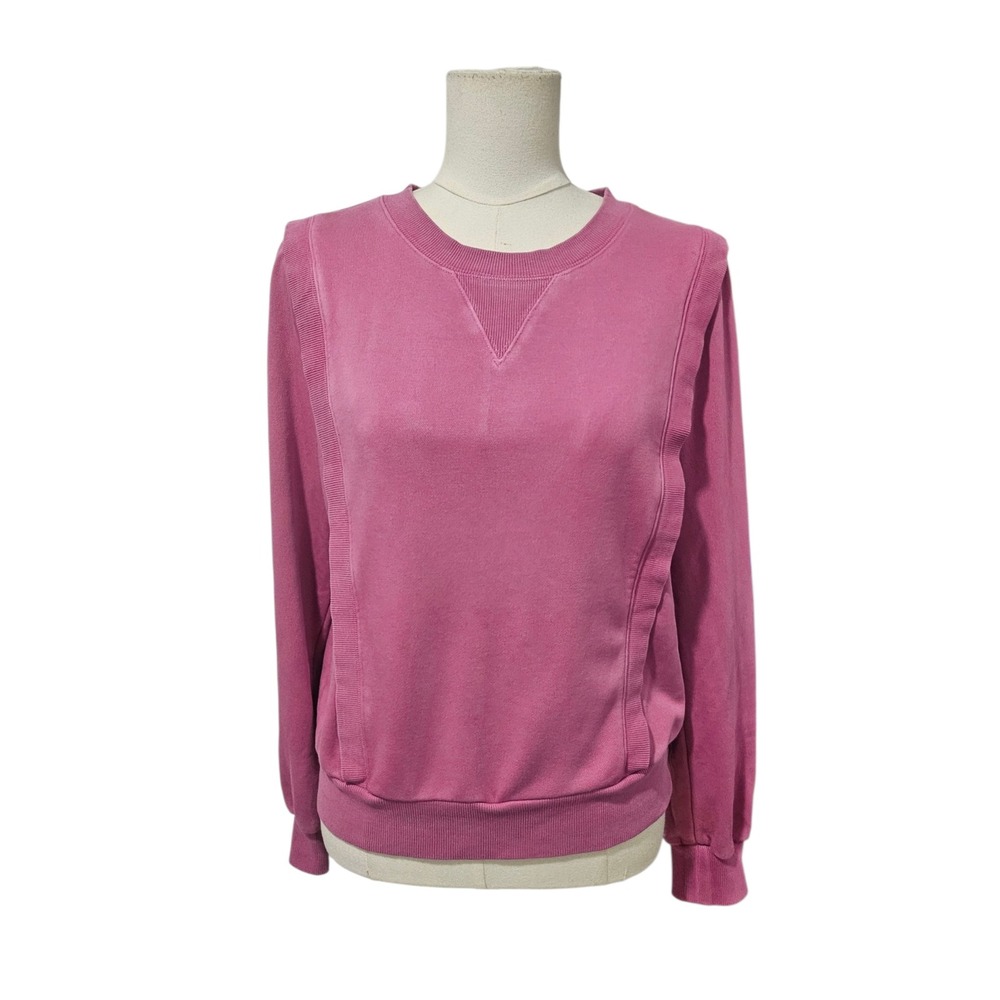 Evereve Pink Ruffle Shoulder Ribbed Trim Crewneck Sweatshirt Small